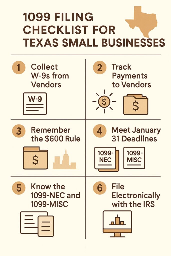 Infographic showing a step-by-step 1099 filing checklist for Texas businesses, including W-9 collection, payment tracking, filing deadlines, and form types.
