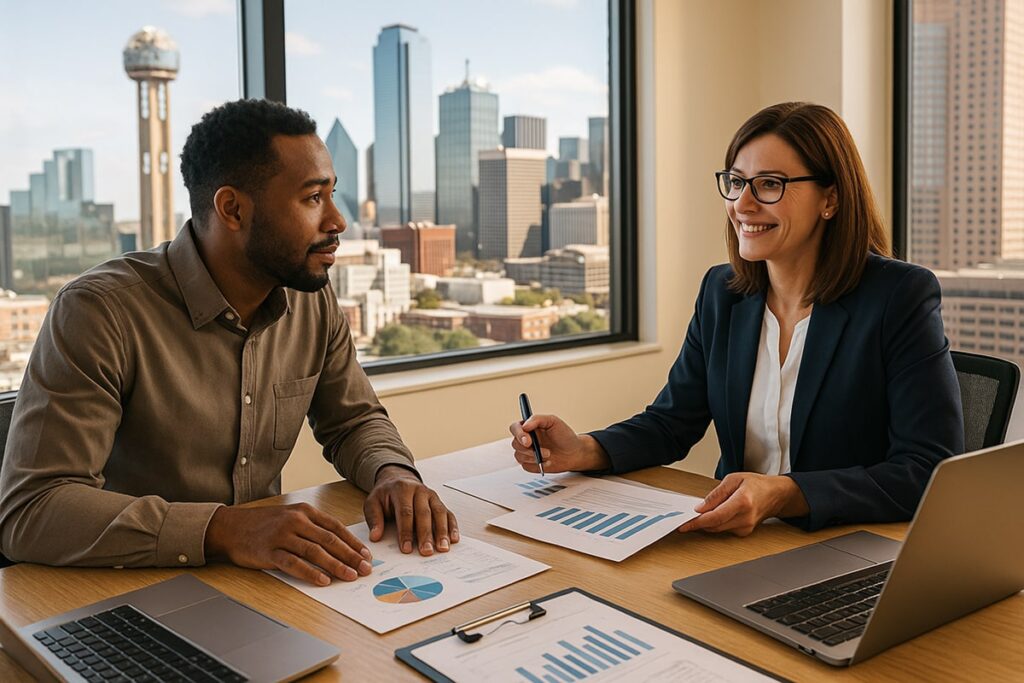Texas small business owner meeting with a tax advisor to review deductible business expenses and plan year-end tax savings at a modern office with city skyline.