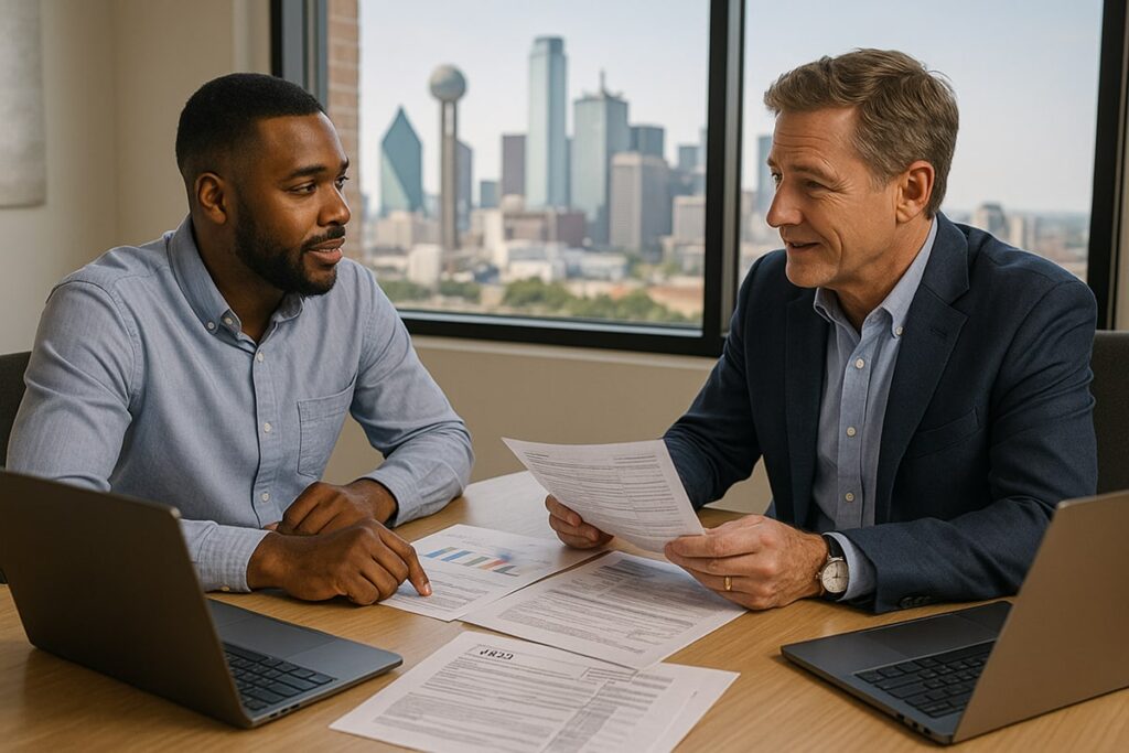Texas business owner meeting with a tax advisor at a modern office table with laptops, paperwork, charts, and a Dallas–Fort Worth skyline in the background.