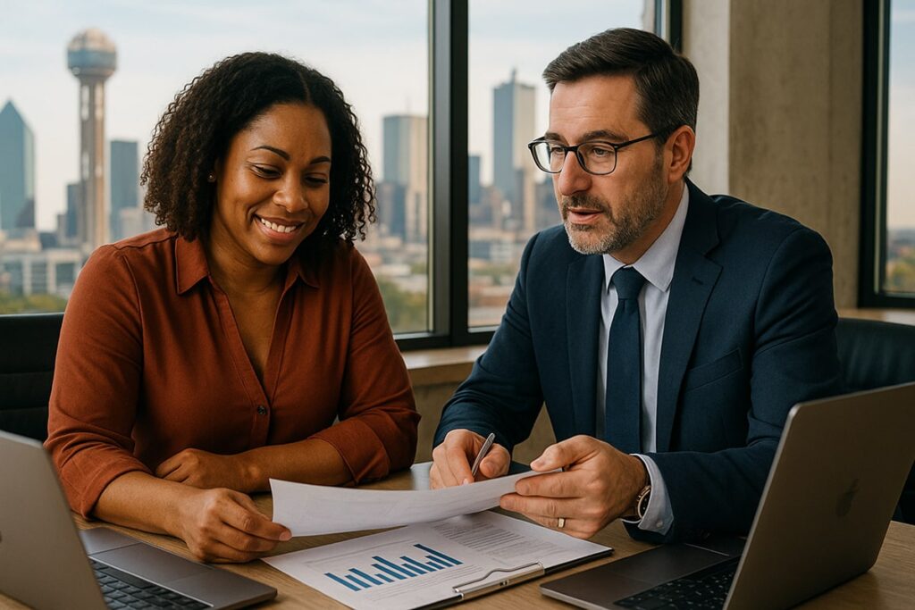 Business owner meeting with a North Texas tax advisor to plan capital gains tax savings after selling investments or a business.