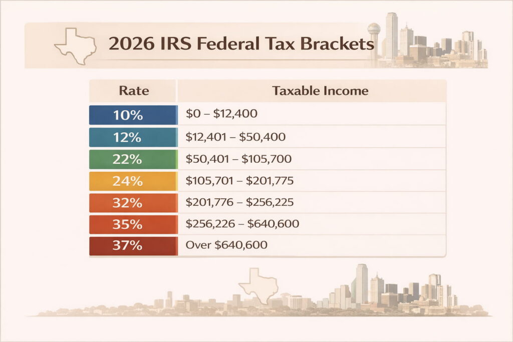 Chart showing 2026 IRS federal tax brackets and income thresholds for taxpayers
