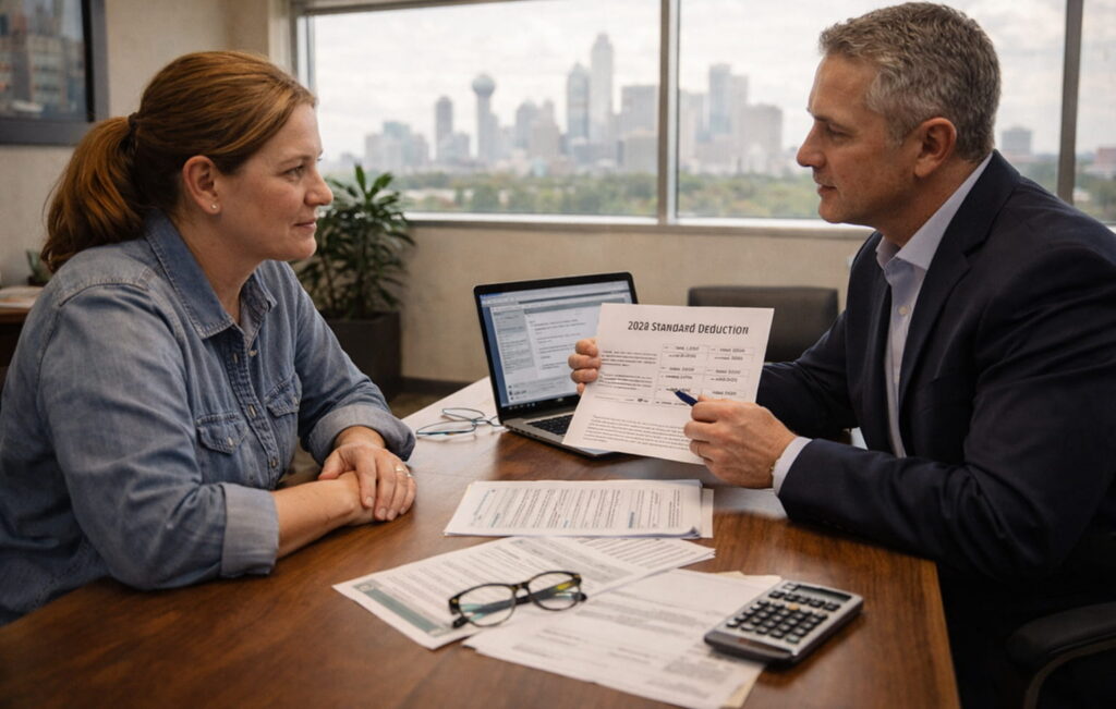 tax advisor explaining the 2026 standard deduction to a taxpayer during a planning meeting