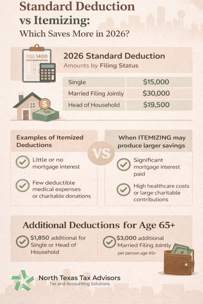 infographic explaining standard deduction versus itemized deductions for the 2026 tax year