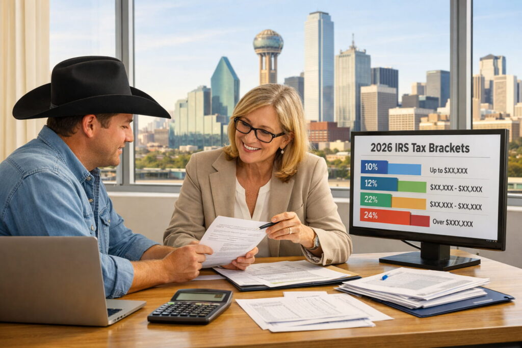 Employee meeting with a tax advisor to review IRS 2026 tax brackets and income tax planning