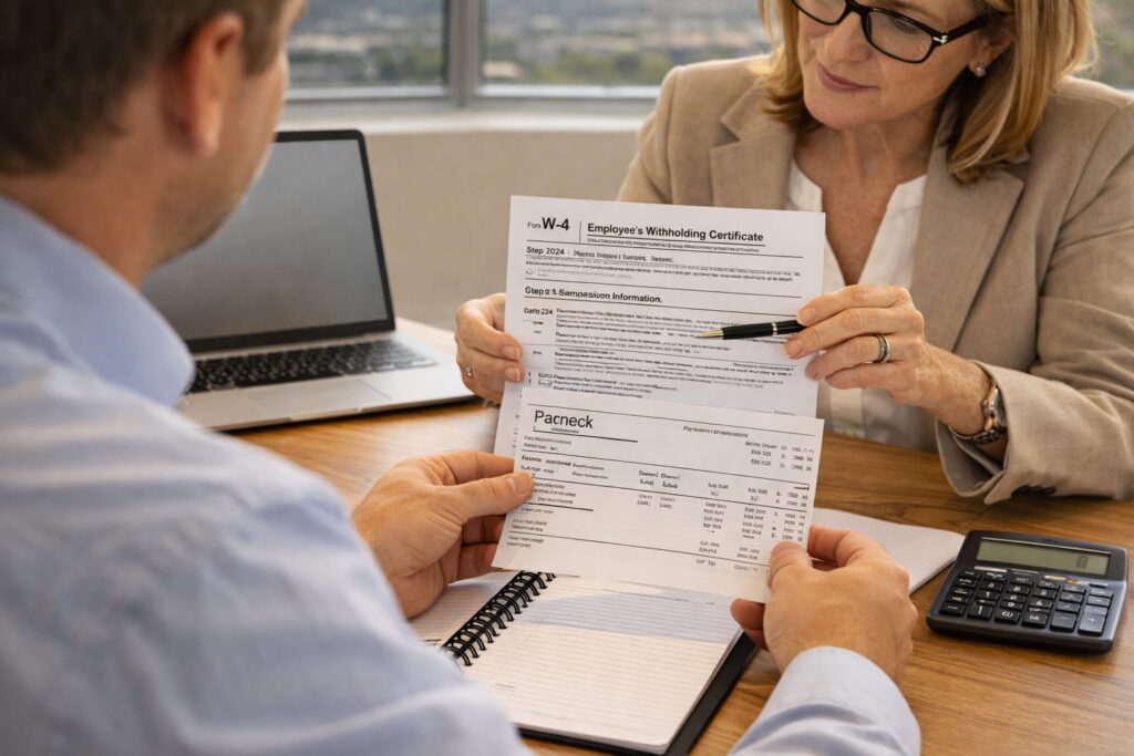 Employee reviewing paycheck withholding and Form W-4 with a tax advisor