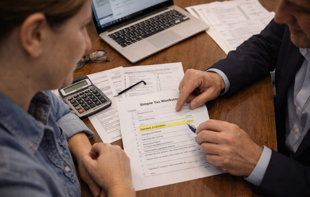 taxpayer reviewing standard deduction calculations with a tax advisor
