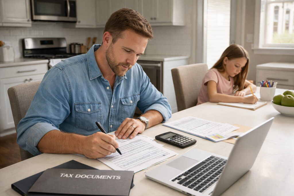 Parent reviewing tax paperwork and family budget at home while preparing for Child Tax Credit filing