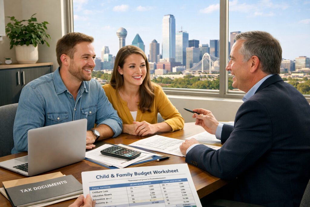 North Texas parents meeting with a tax advisor to review Child Tax Credit planning documents in a modern office