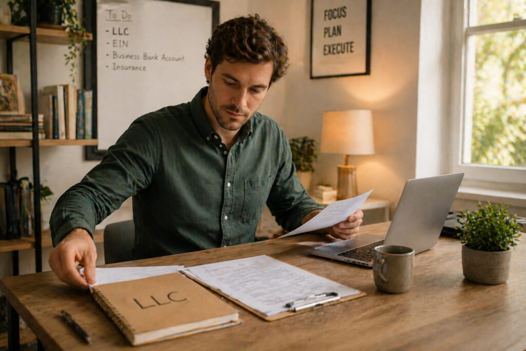 Entrepreneur organizes business documents at a home office desk with an LLC notebook, laptop, and paperwork, showing steps to apply for ein in a calm, well-lit workspace.