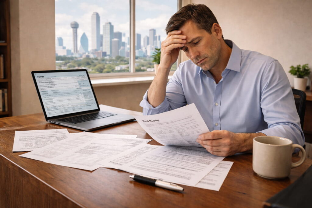 A stressed taxpayer sits at a clean desk reviewing tax forms while working on a laptop, with a subtle Dallas skyline visible in the background. The organized workspace and natural lighting highlight tax deadline pressure and preparation, illustrating how to file a tax extension.