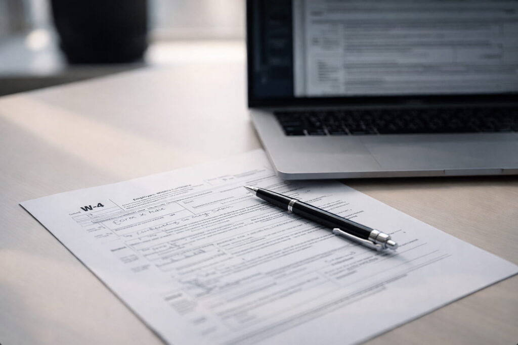 Close-up of a clean desk with a partially completed W-4 form and pen in focus, while a laptop with a blurred document sits in the background under soft natural light, illustrating how to fill out W4 form in a simple, organized workspace.