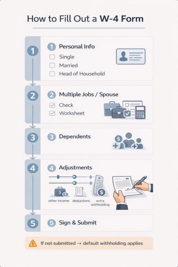 Vertical infographic titled “How to Fill Out a W-4 Form” showing a five-step process in a top-to-bottom layout. Step 1 covers personal information with filing status options like single, married, or head of household. Step 2 explains multiple jobs or spouse income with checkboxes and tools. Step 3 highlights dependents with a family icon and tax credit symbols. Step 4 shows adjustments such as other income, deductions, and extra withholding. Step 5 shows signing and submitting the form. A bottom callout notes that if the form is not submitted, default withholding applies.