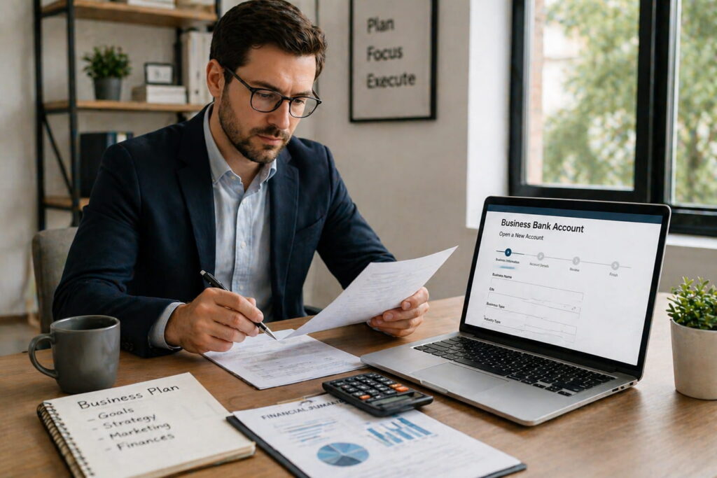 Professional reviews business documents at a desk while using a laptop to open a business bank account, with financial paperwork and calculator visible, illustrating how to get an ein in a clean office setting.