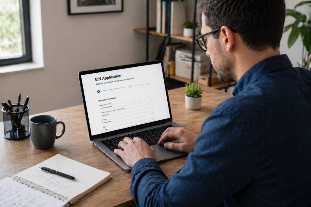 Small business owner sits at a home office desk using a laptop to complete an EIN application form, with notebook and coffee nearby, illustrating how to get an ein number in a clean and focused workspace.