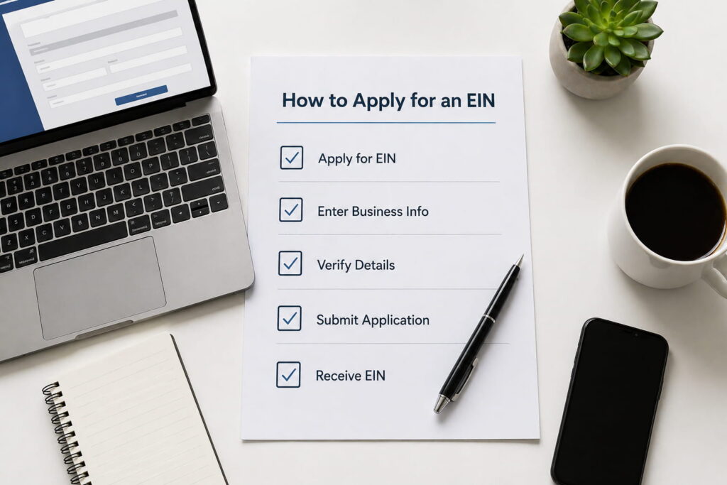 Flat-lay infographic titled “How to Apply for an EIN” showing a centered checklist with five steps—apply for EIN, enter business info, verify details, submit application, and receive EIN—surrounded by a laptop, pen, notebook, coffee cup, and smartphone on a clean desk.