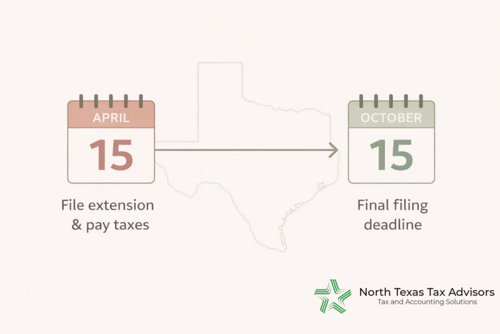 Minimal infographic showing two key tax deadlines on a horizontal timeline: April 15 for filing a tax extension and paying taxes, and October 15 as the final filing deadline. Calendar icons and an arrow connect the dates, with a subtle Texas outline in the background and clean, neutral design.