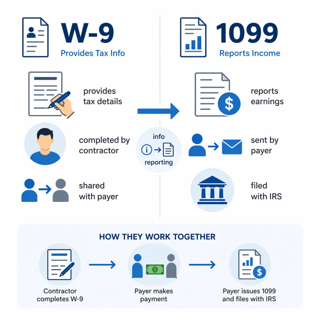 Infographic explaining what is a W9 form versus 1099 income reporting